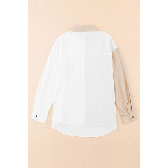 Azura Exchange  Khaki Colorblock Buttons Shirt-Collar Long Sleeve Pocket Blouse - Picture 11 of 13